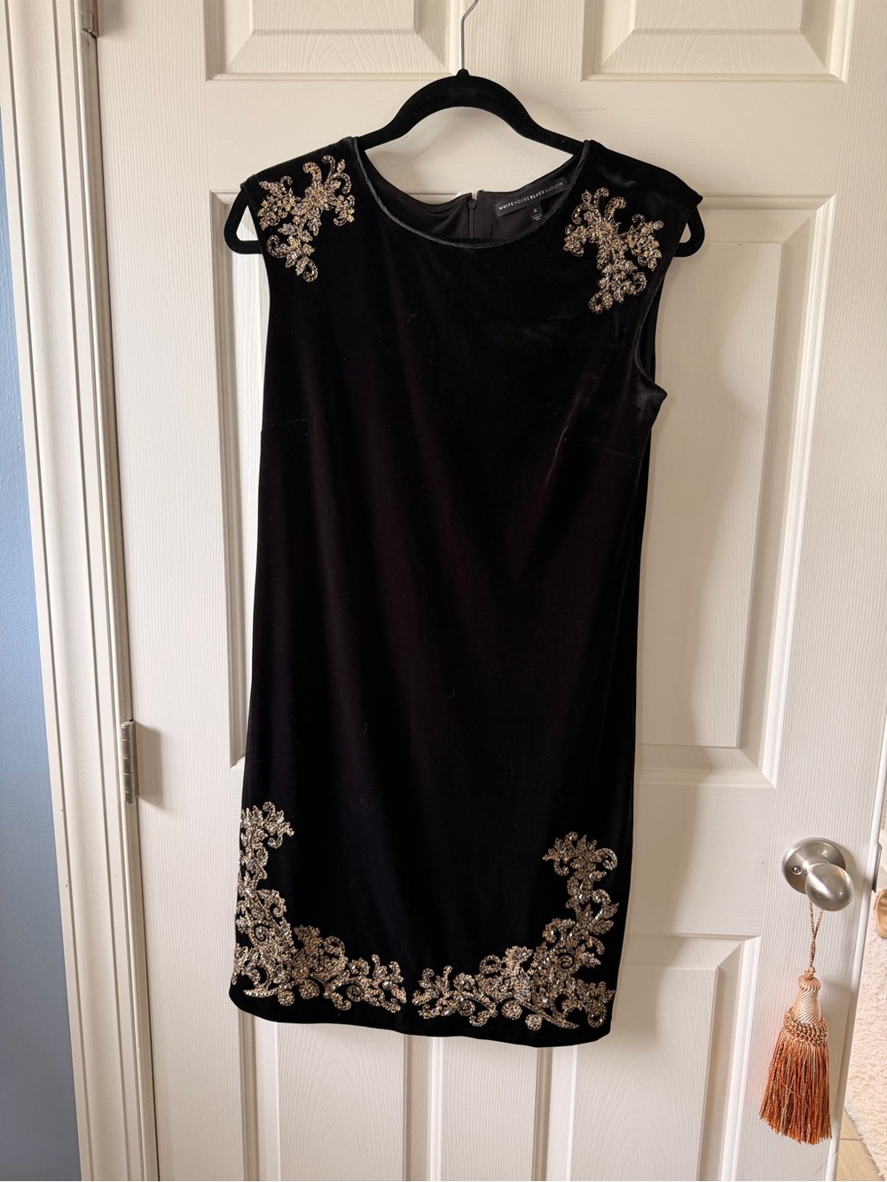 White House Black Market Black Velvet Mini Dress with Gold Embellishment